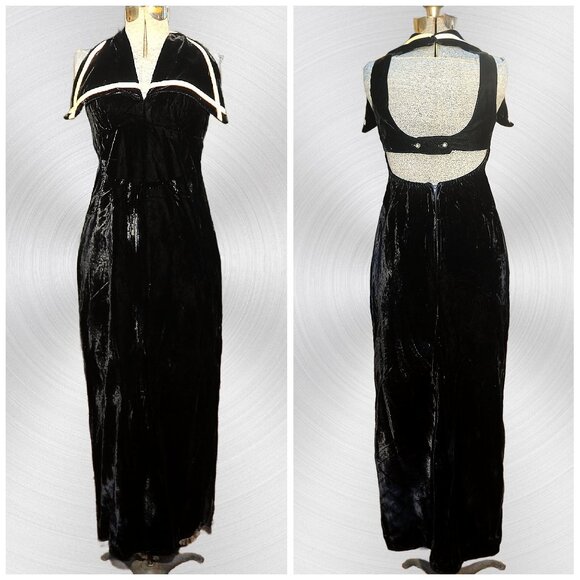 VTG 60s Black Velvet Maxi Dress ILGWU Sailor Collar Cut-Out Back Empire Waist XS - Picture 1 of 8